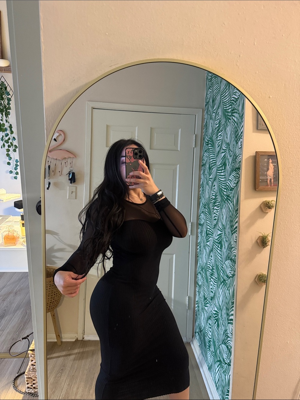 Forever 21 Black Long Sleeve Mesh Panel Bodycon Dress